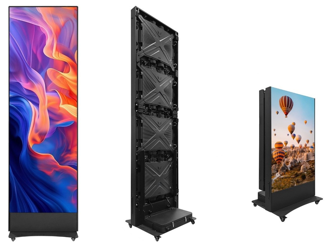 Écran LED Poster vu de face, vu de dos avec ses modules, et en configuration chevalet