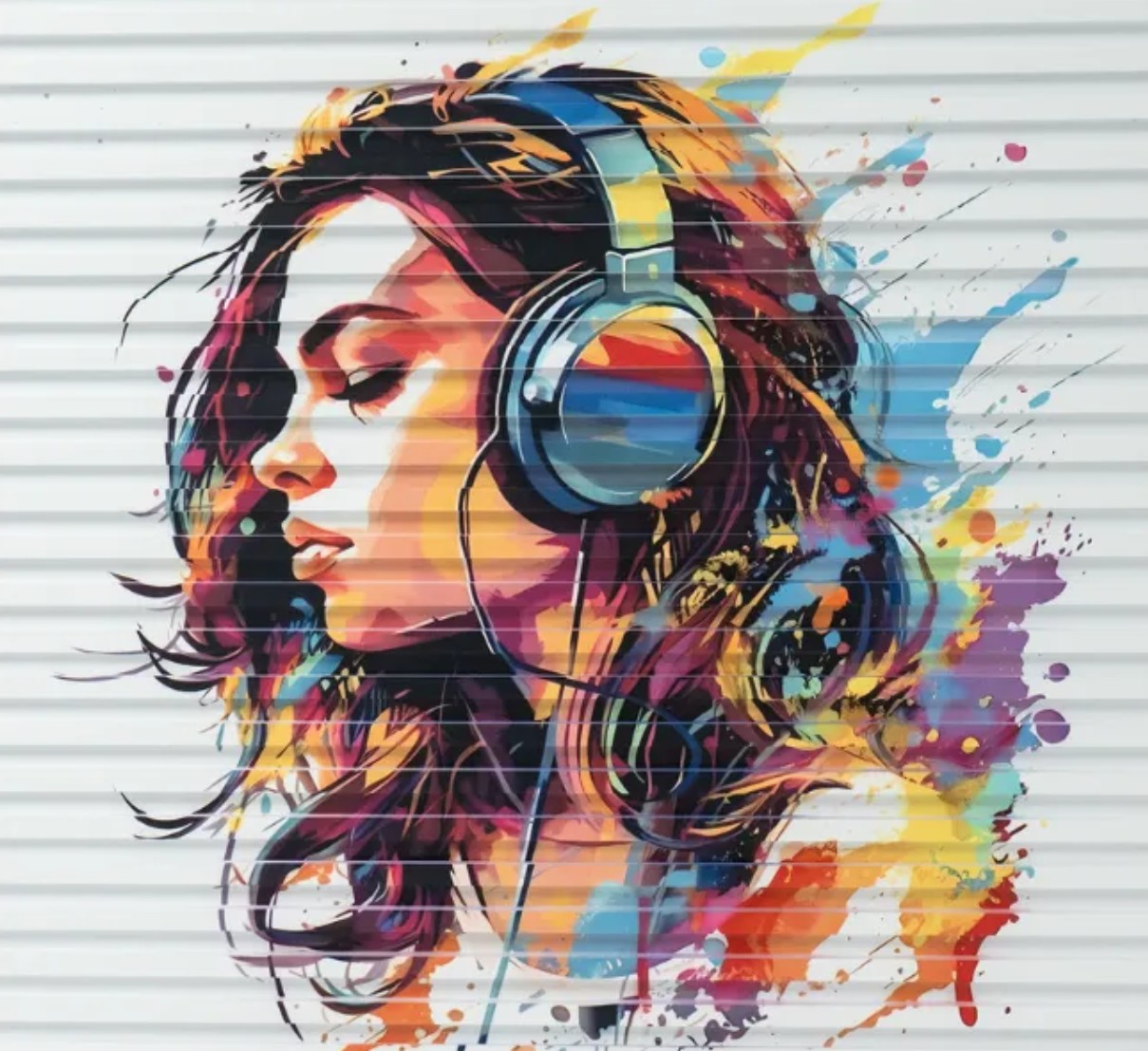 Impression sur rideau métallique d'une femme au casque audio, style street art