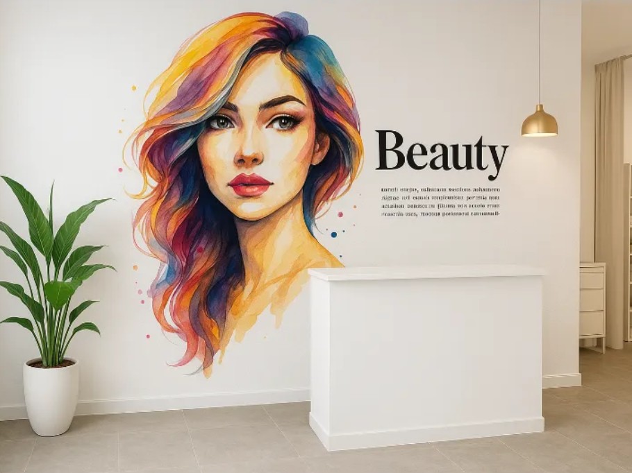 Entrée de salon de beauté avant : mur blanc sans décor