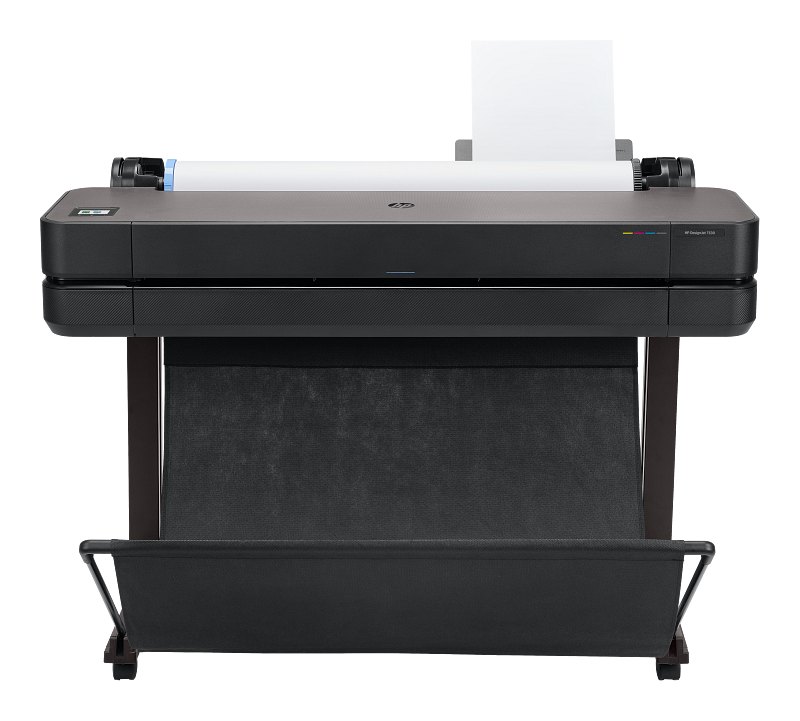 Traceur HP DesignJet T630 36 pouces vu de face, sur son pied avec bac de réception